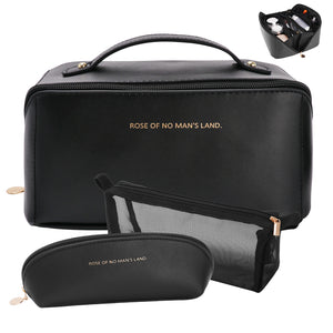 3 Pcs Travel Makeup Bag ，Large Capacity Cosmetic Bags for Women，Open Flat Makeup Case ，Waterproof PU Leather Toiletry Bags with Divider and Handle(Black)