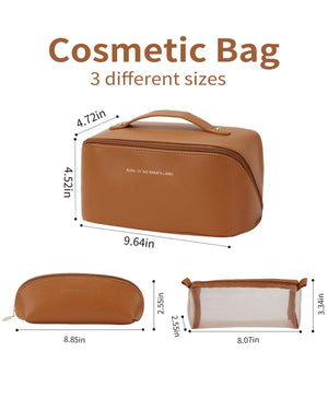 3 Pcs Travel Makeup Bag ，Large Capacity Cosmetic Bags for Women，Open Flat Makeup Case ，Waterproof PU Leather Toiletry Bags with Divider and Handle(Brown)