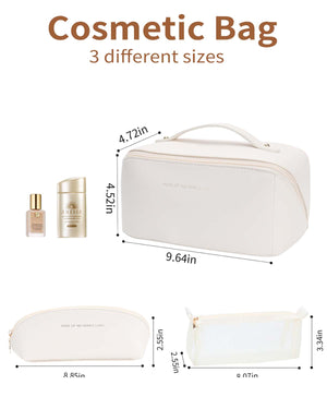 3 Pcs Travel Makeup Bag ，Large Capacity Cosmetic Bags for Women，Open Flat Makeup Case ，Waterproof PU Leather Toiletry Bags with Divider and Handle(White)