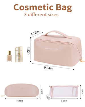 3 Pcs Travel Makeup Bag ，Large Capacity Cosmetic Bags for Women，Open Flat Makeup Case ，Waterproof PU Leather Toiletry Bags with Divider and Handle(Pink)