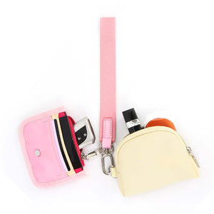 Keychain Wallet - Mini Zip Around Dual Pouch Wristlet ， Ideal Small Detachable Cute Coin Purse -Pink+Yellow