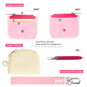 Keychain Wallet - Mini Zip Around Dual Pouch Wristlet ， Ideal Small Detachable Cute Coin Purse -Pink+Yellow