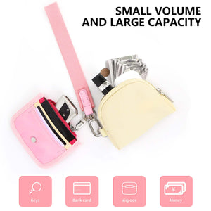 Keychain Wallet - Mini Zip Around Dual Pouch Wristlet ， Ideal Small Detachable Cute Coin Purse -Pink+Yellow