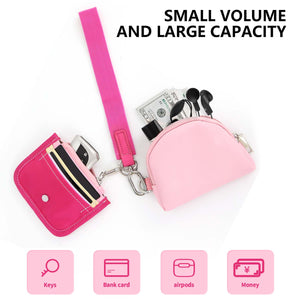 Keychain Wallet - Mini Zip Around Dual Pouch Wristlet ，Ideal Small Detachable Cute Coin Purse-Pink